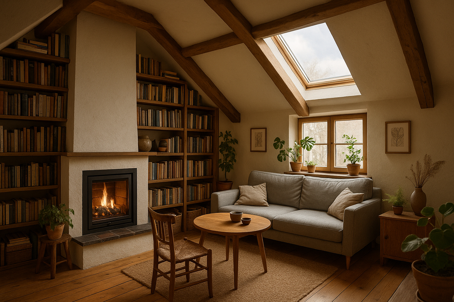 Studio mansardé avec cheminée et décoration cosy