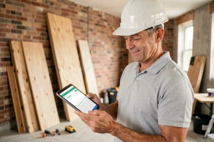 Homme avec casque de chantier consultant une application de suivi de travaux sur tablette dans une maison en rénovation
