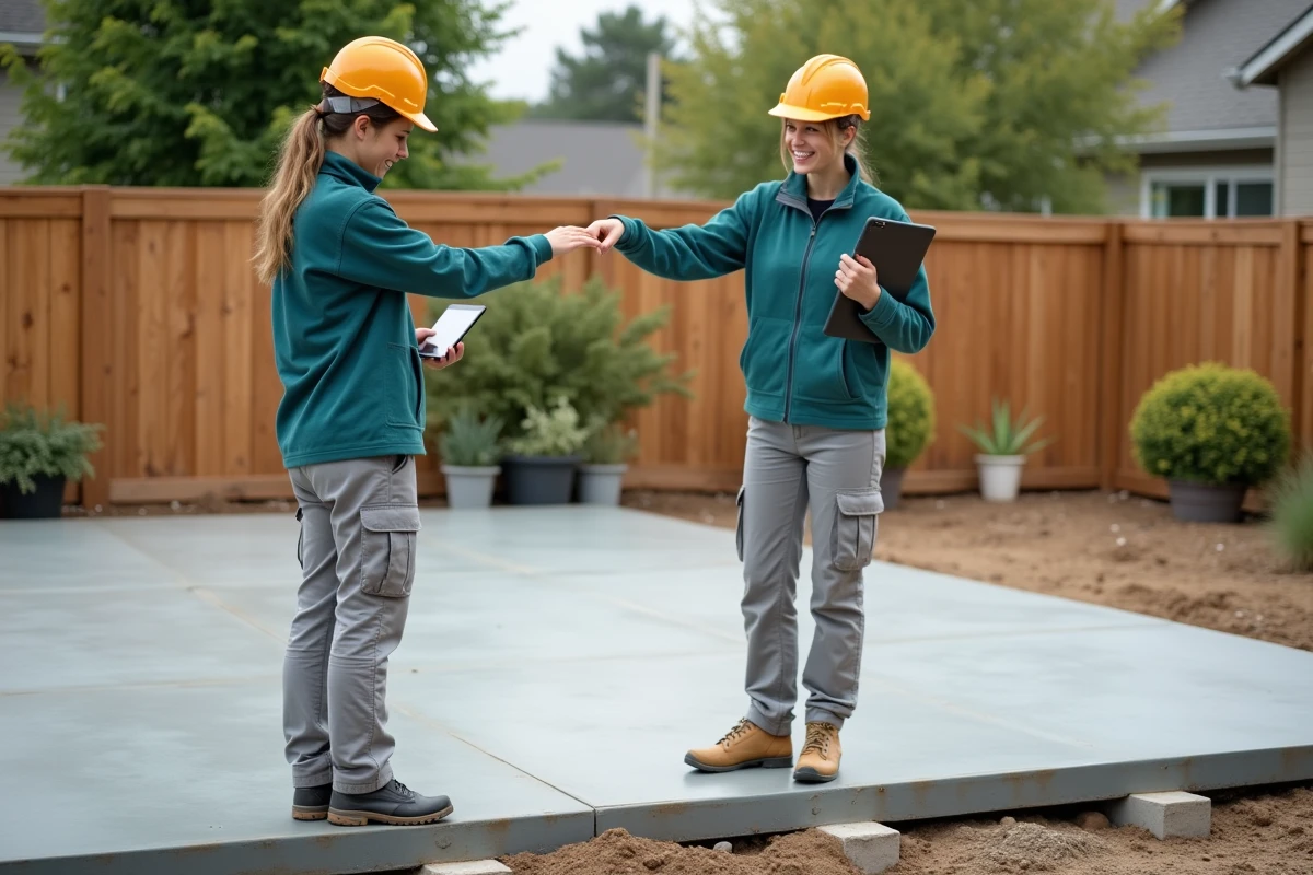 Jeune femme superviseur pointant un dallage en béton