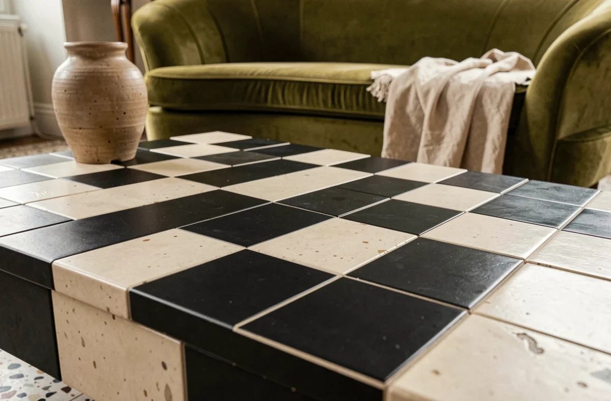 Table basse Capron damier noir et crème en céramique vintage dans un intérieur années 60