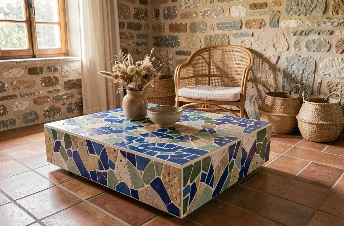 Table basse Capron mosaïque multicolore en céramique dans un salon méditerranéen aux murs en pierre