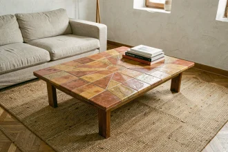 Table basse Roger Capron modèle soleil en céramique terracotta dans un salon minimaliste scandinave