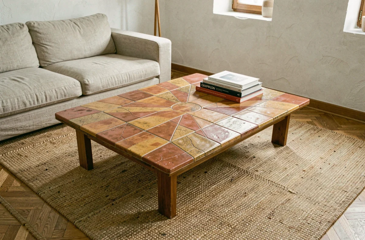 Table basse Roger Capron modèle soleil en céramique terracotta dans un salon minimaliste scandinave