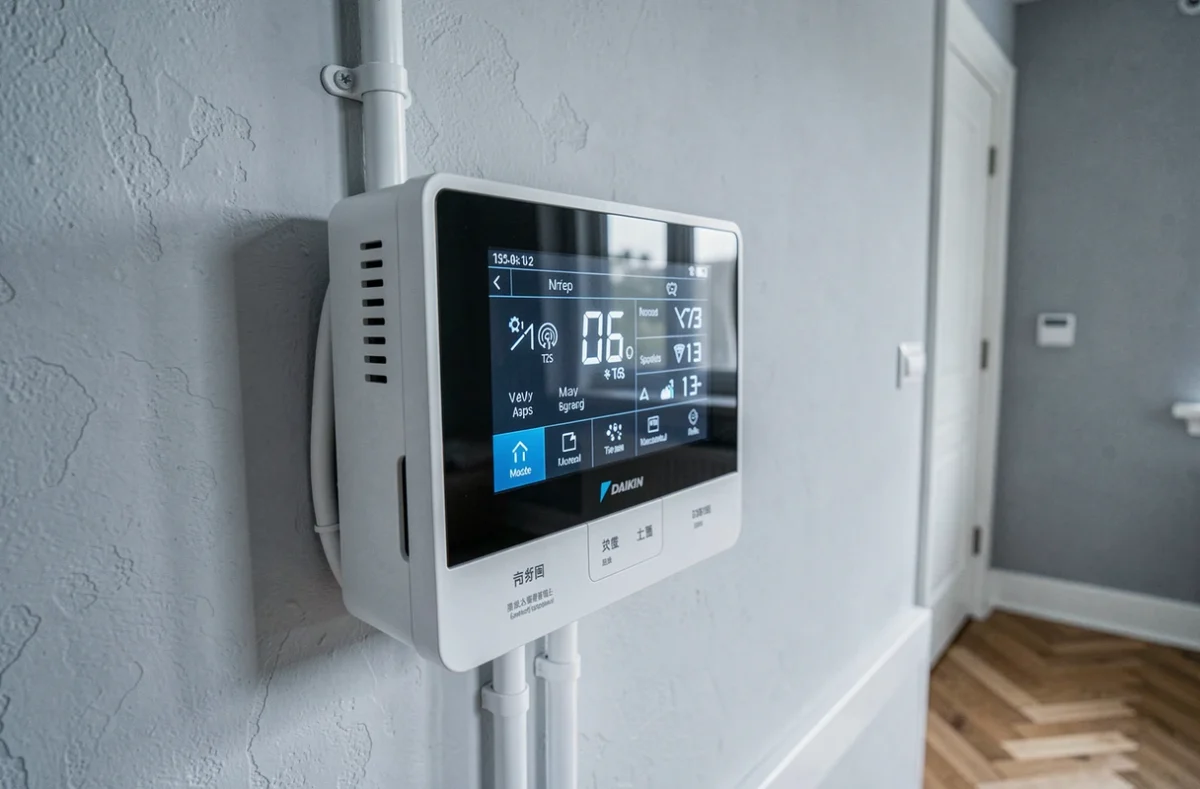Tableau de commande numérique d'une pompe à chaleur air-eau Daikin installé dans un intérieur résidentiel moderne