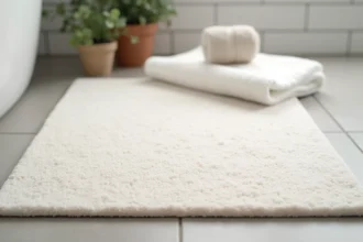 Tapis de bain en diatomite posé sur un sol en carrelage gris dans une salle de bain minimaliste, comparé à une serviette en coton blanc