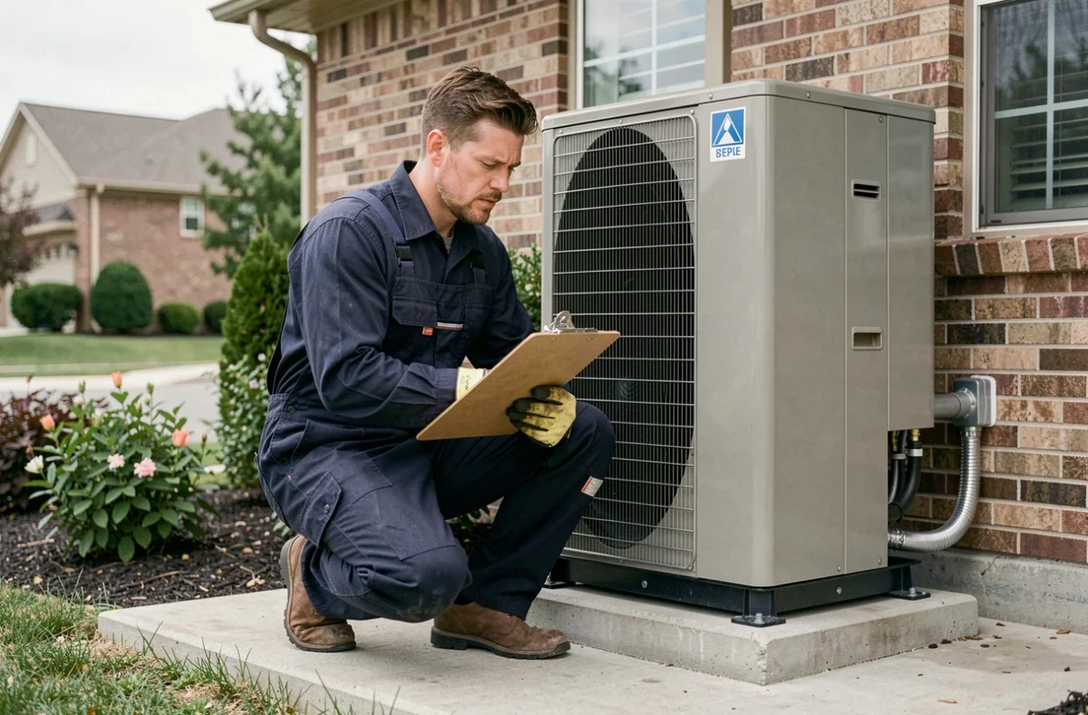 Technicien inspectant une pompe à chaleur air-air extérieure installée sur un pavillon résidentiel