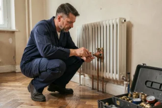 Technicien en chauffage inspectant les raccordements d'un radiateur fonte blanc pour l'installation d'une pompe à chaleur dans un appartement