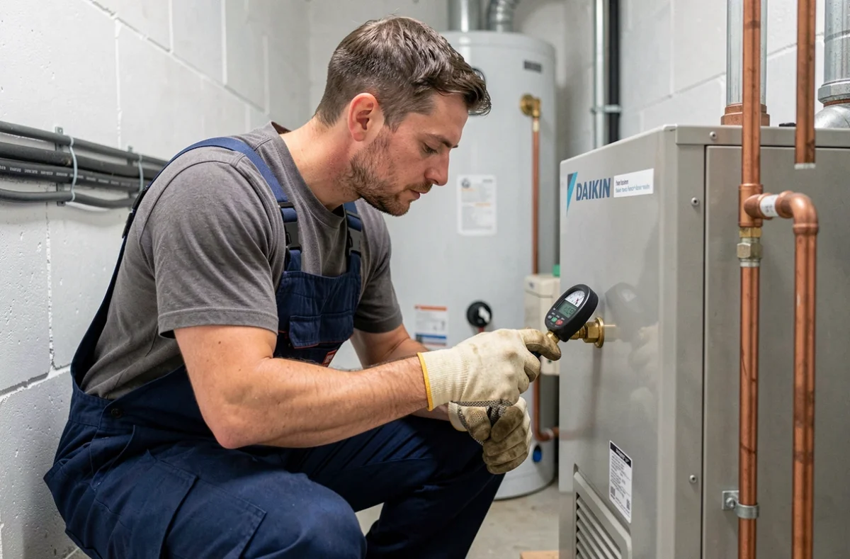 Technicien HVAC en train d'effectuer la maintenance d'une pompe à chaleur Daikin dans une chaufferie