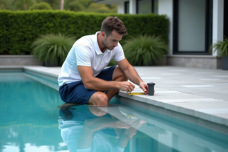 Jeune technicien piscine inspectant une lumière extérieure