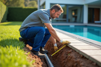 Technicien piscine mesurant une tranchée dans un jardin