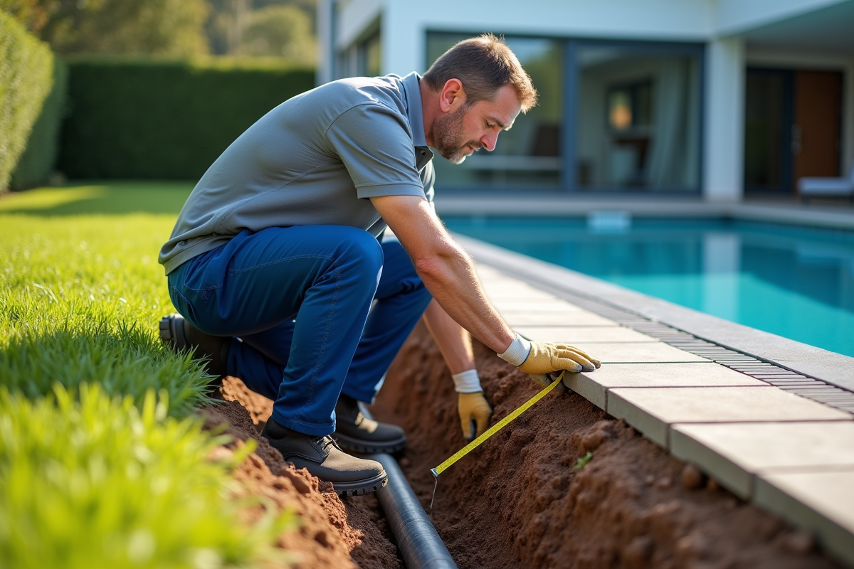 Technicien piscine mesurant une tranchée dans un jardin