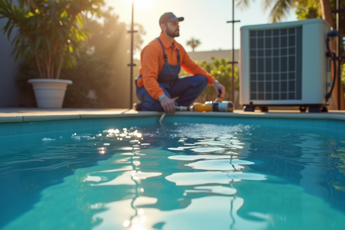 Technicien ajustant pompe a chaleur au bord de la piscine