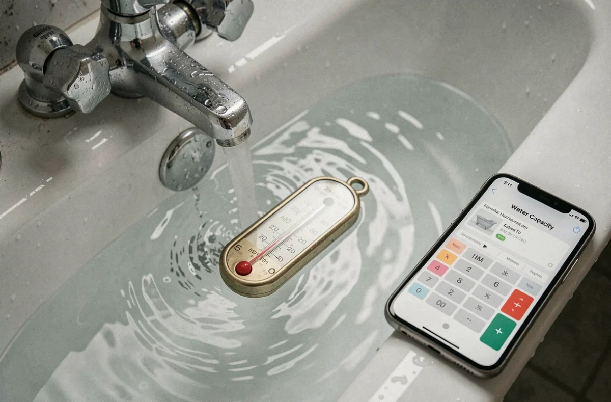 Thermomètre de bain indiquant une température trop basse dans une baignoire, smartphone affichant un calcul de capacité de chauffe-eau