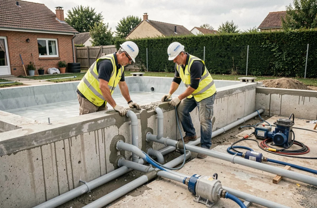 Ouvriers de Tm Tp Sampaio installant les canalisations et équipements techniques d'une piscine en construction dans la banlieue de Toulouse