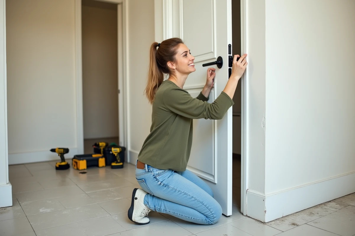 Femme vérifiant le bon fonctionnement d'un gond sur une porte battante dans un appartement rénové