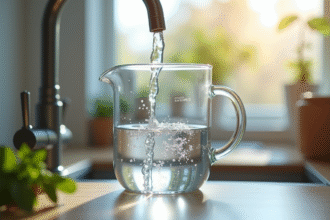 Verre mesureur d'eau rempli sous un robinet de cuisine