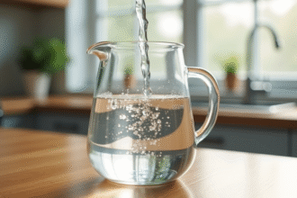 Verre mesureur rempli d'eau à 800 ml sur plan de travail