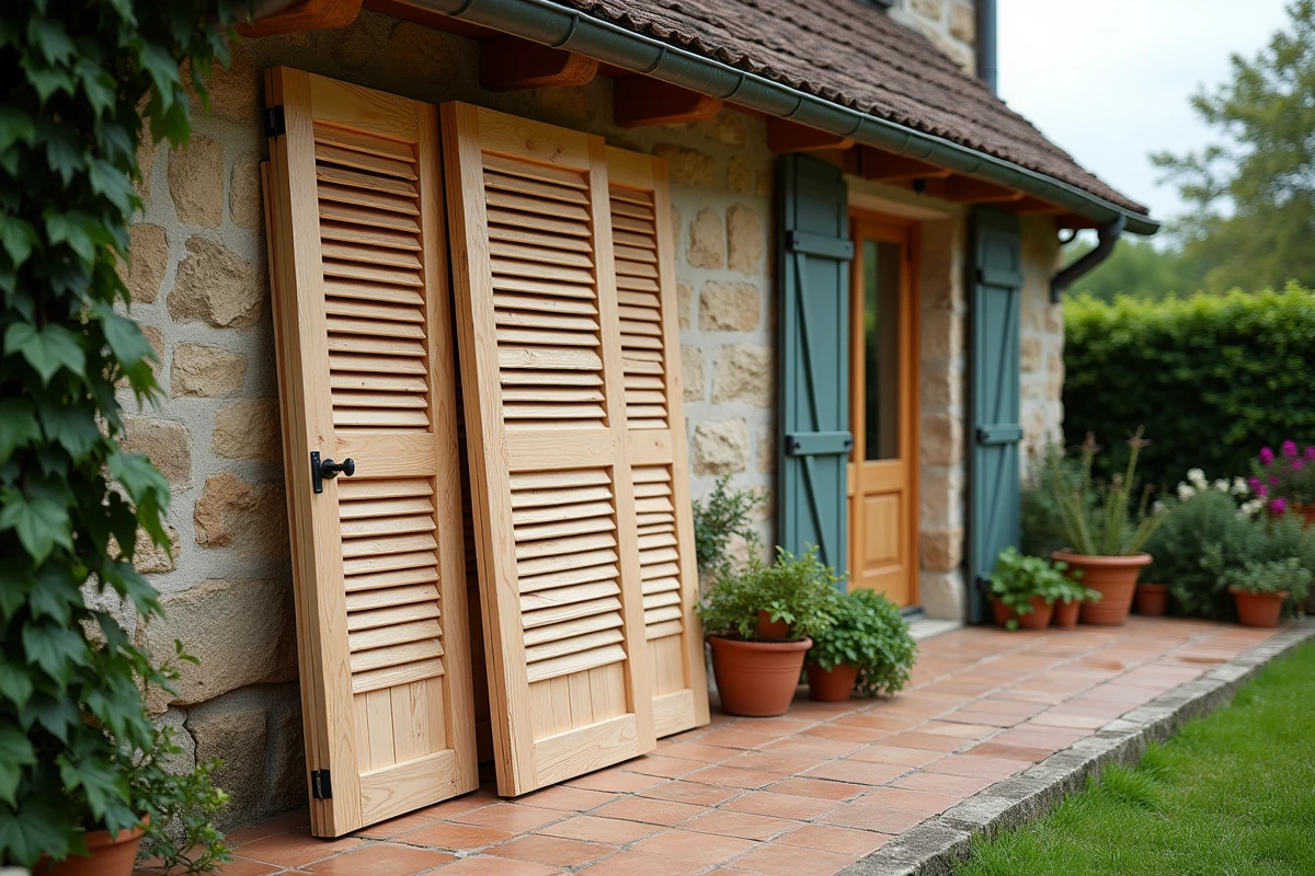 Volets en bois huilés appuyés contre un mur en pierre d'une maison de campagne française