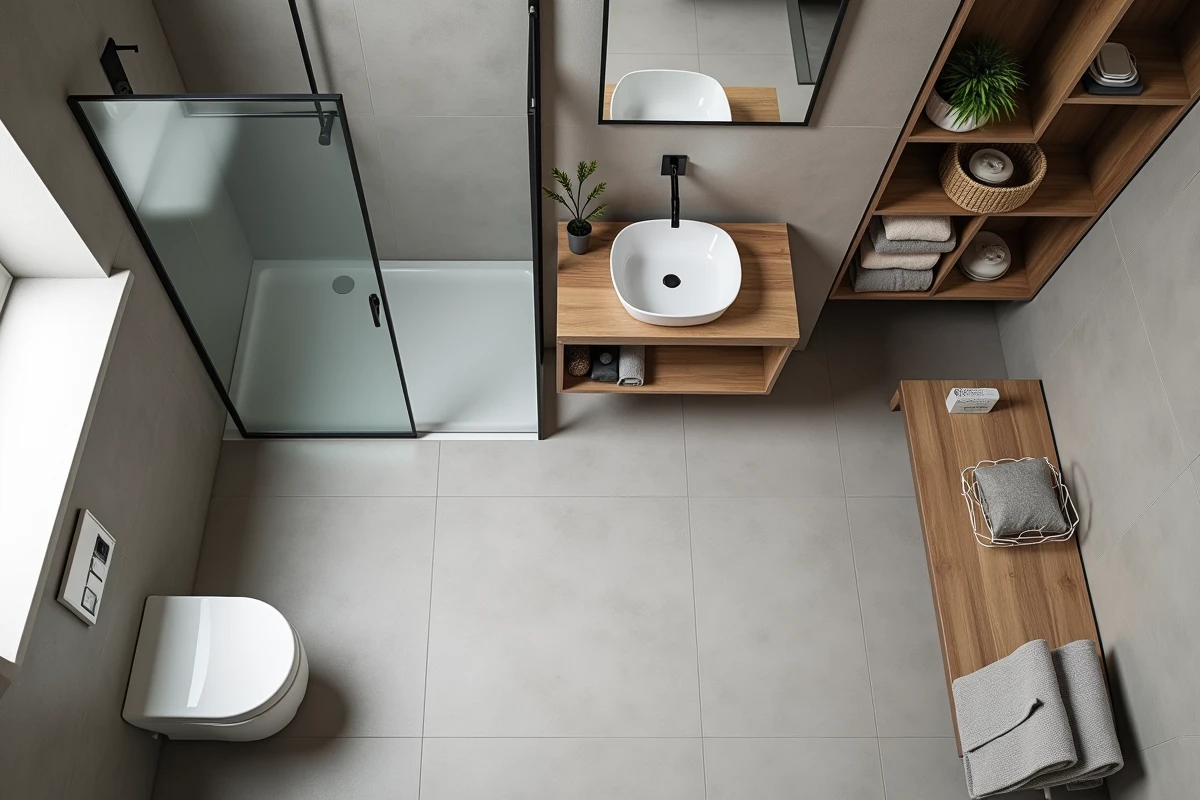 Vue aérienne d'une salle de bain compacte 4m2 sans WC avec séparation douche en verre dépoli et rangements ouverts pour optimiser l'espace